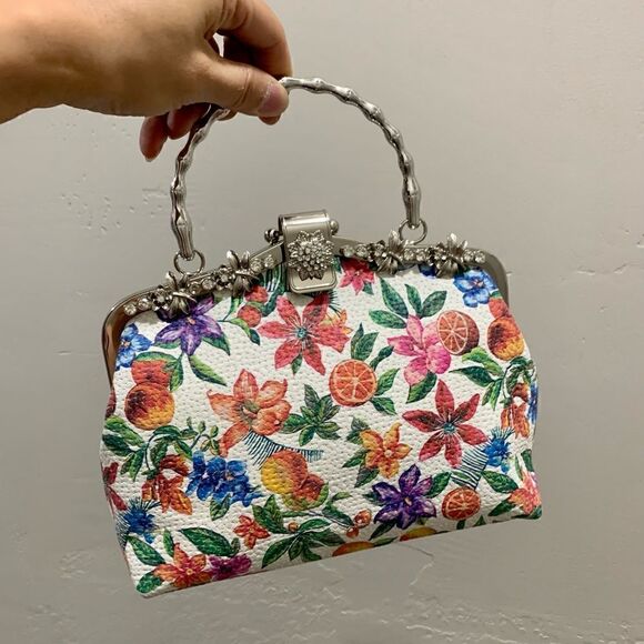 Handmade Genuine Embossed Leather Rhinestone Metal  Frame Handbag & Small Purse - Picture 5 of 16